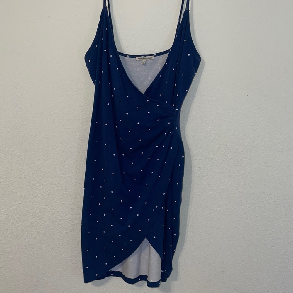 Blue polka dot dress.